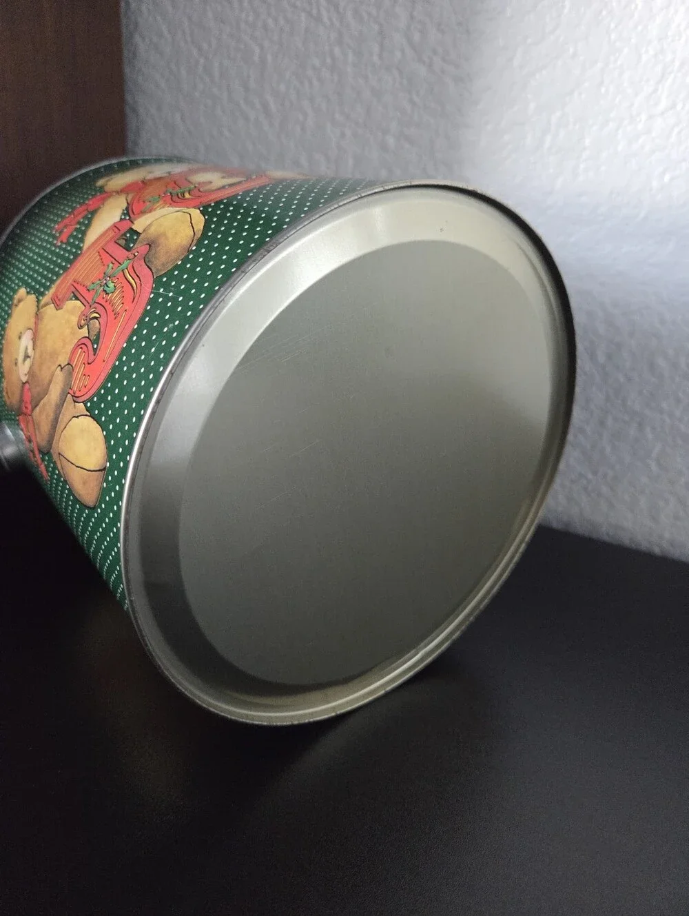 Vintage Holiday Christmas Bear JOY Storage Tin With Handle Green Red Home Decor